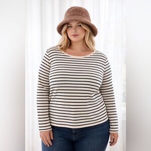 L L Bean Cream & Navy Striped Long Sleeve Top Plus Size 2X